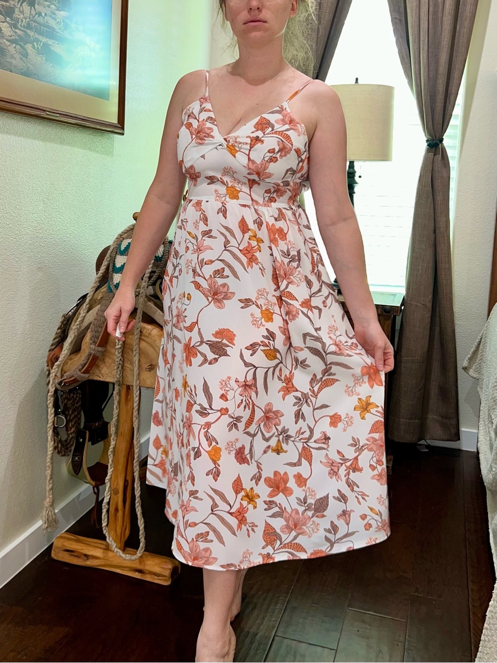 Floral Parisian Spaghetti-Strap Midi Dress in Cream and Rust
